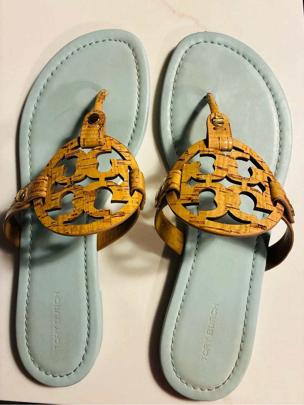 Tory Burch Pale Blue Sandals with Cork-Tone Logo Medallions